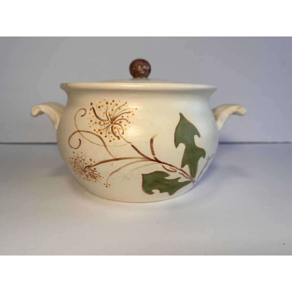Handmade Hand Painted Ceramic Bean Pot Casserole with Dandelion Design - Signed